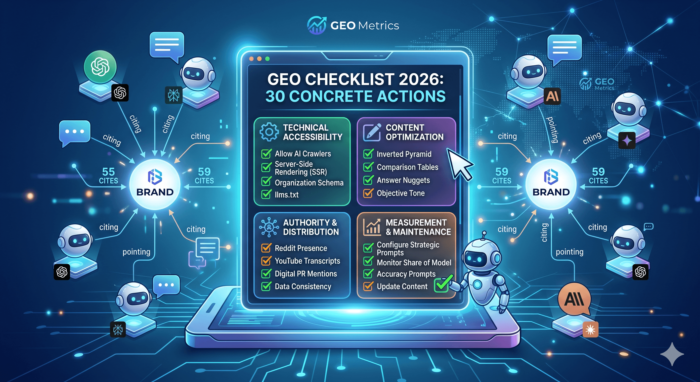 Infografía interactiva para el GEO Checklist 2026. Muestra 30 pasos concretos en cuatro categorías clave: Técnica, Contenido, Autoridad y Medición, para optimizar la visibilidad y el Share of Model en motores de respuesta de IA como ChatGPT, Perplexity y Google AI, asegurando que las IAs citen tu marca.