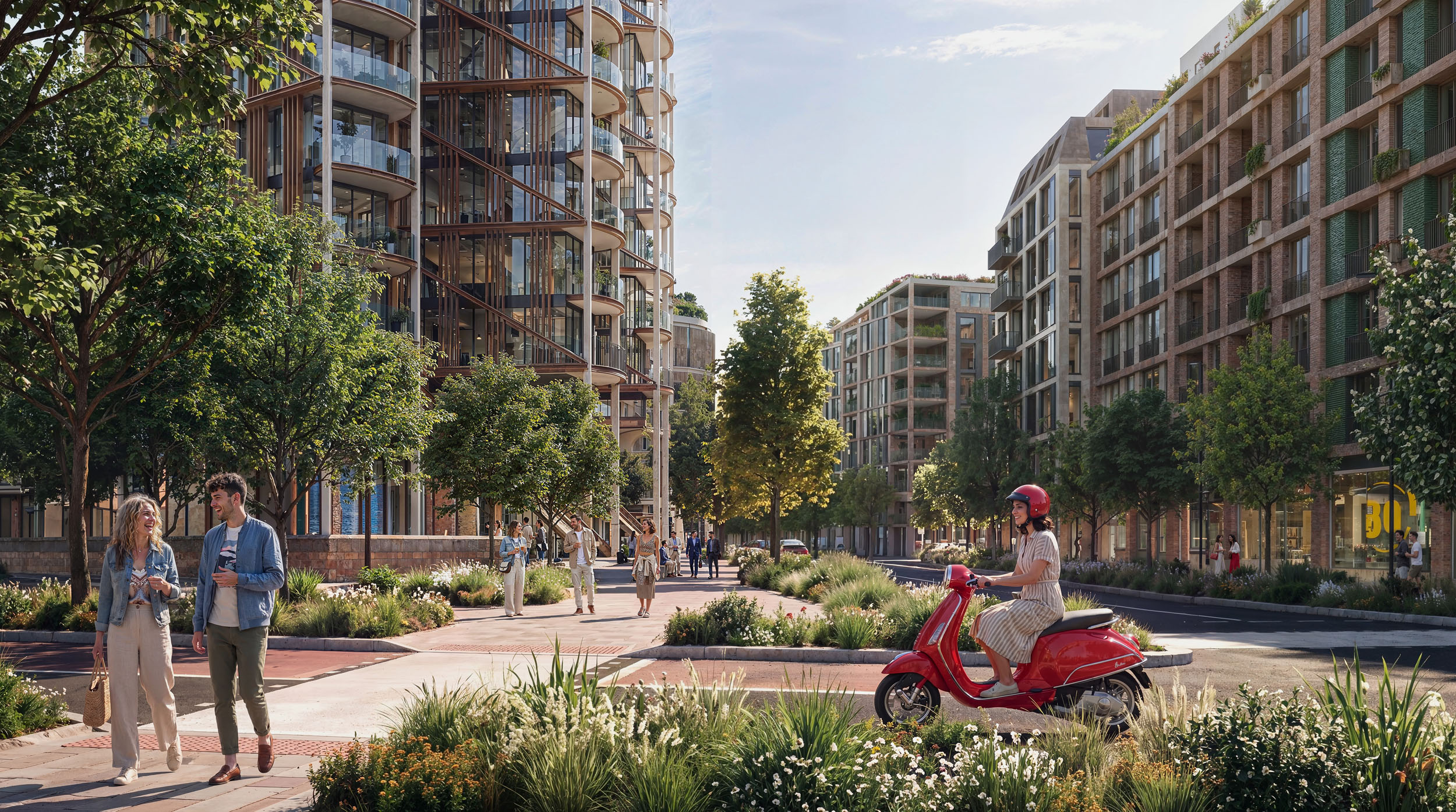 Architectural CGI render of a modern city street.