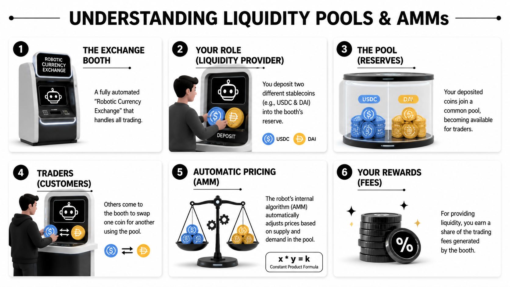 A six-step infographic explaining how liquidity pools and automated market makers function in decentralized finance.