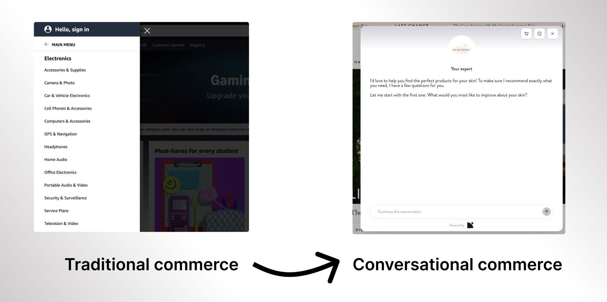 Un menú de navegación de ecommerce tradicional comparado con una experiencia de comercio conversacional