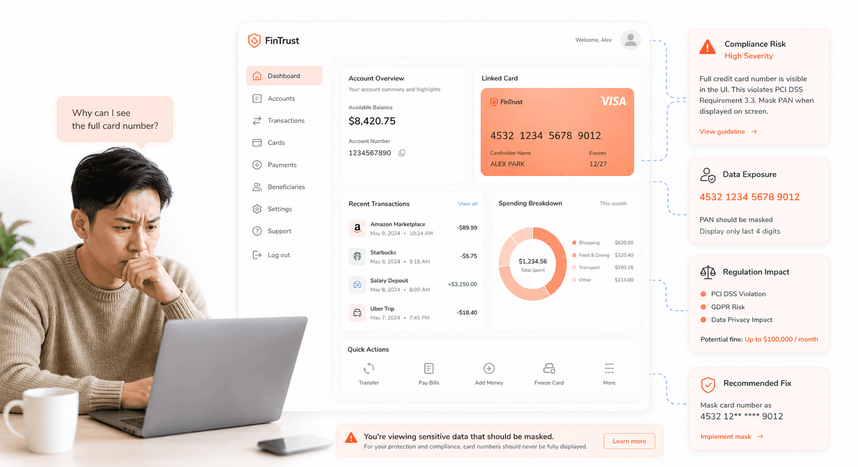 unmasked card numbers in dashboard violating security standards