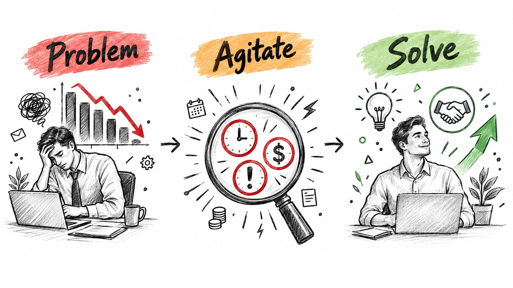 A hand-drawn illustration depicting the problem, agitate, and solve framework for business and marketing strategies.