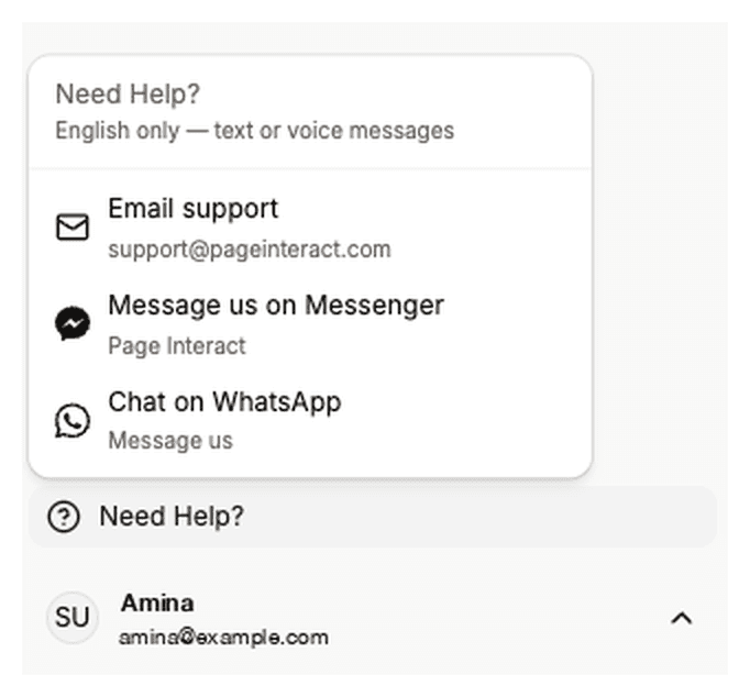 Need Help menu offering email support, Messenger and WhatsApp contact options.