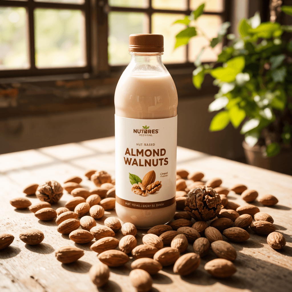 product photography of a bottle of nut-based drink