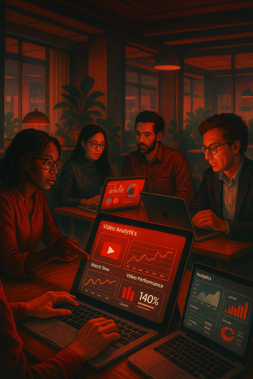 Team at RockN' Socials, a digital marketing agency, analyzing video data.