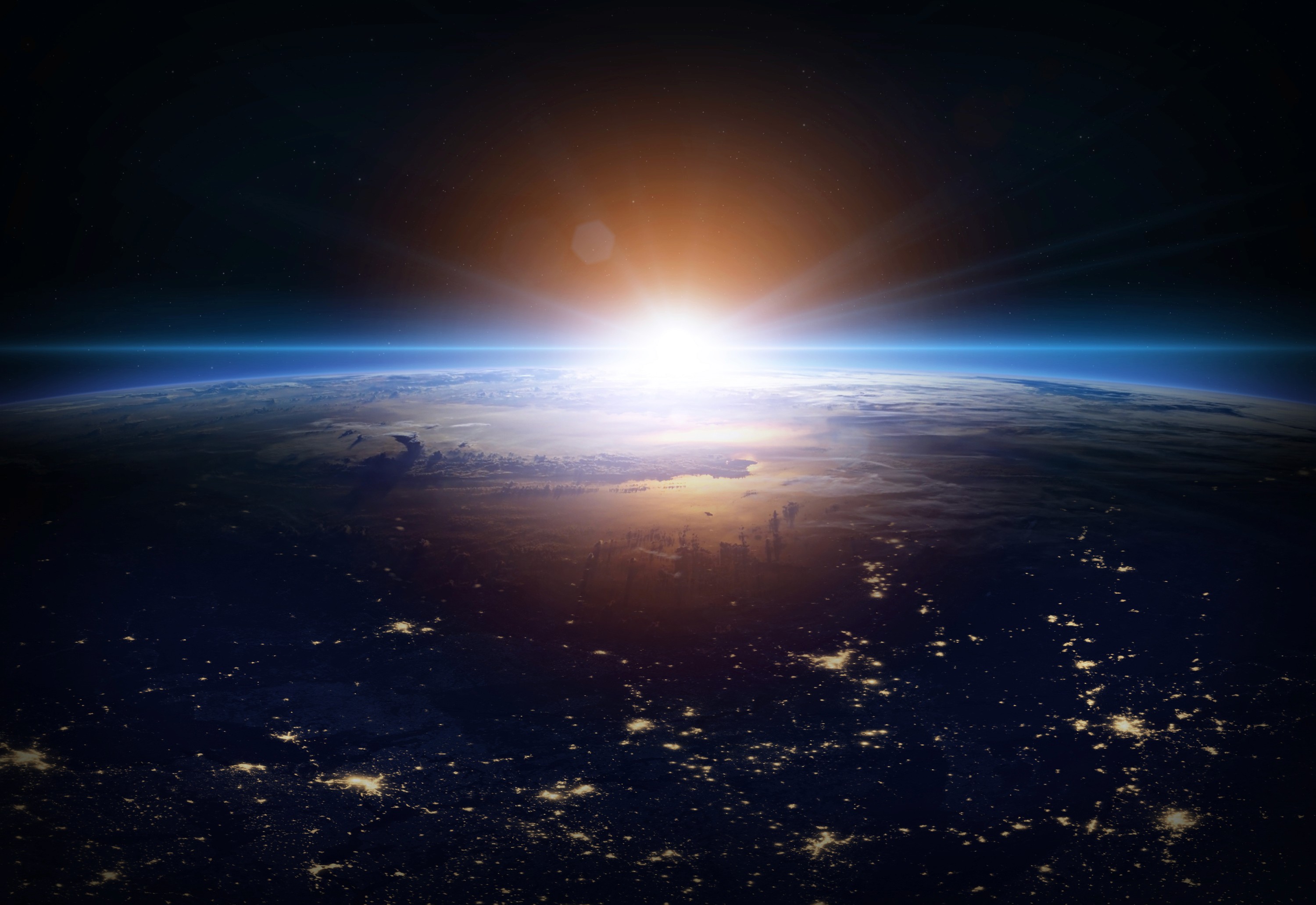Star Catcher Power Node transmitting power via beams of concentrated light to various satellites with a large Sun silhouetting it and Earth in background