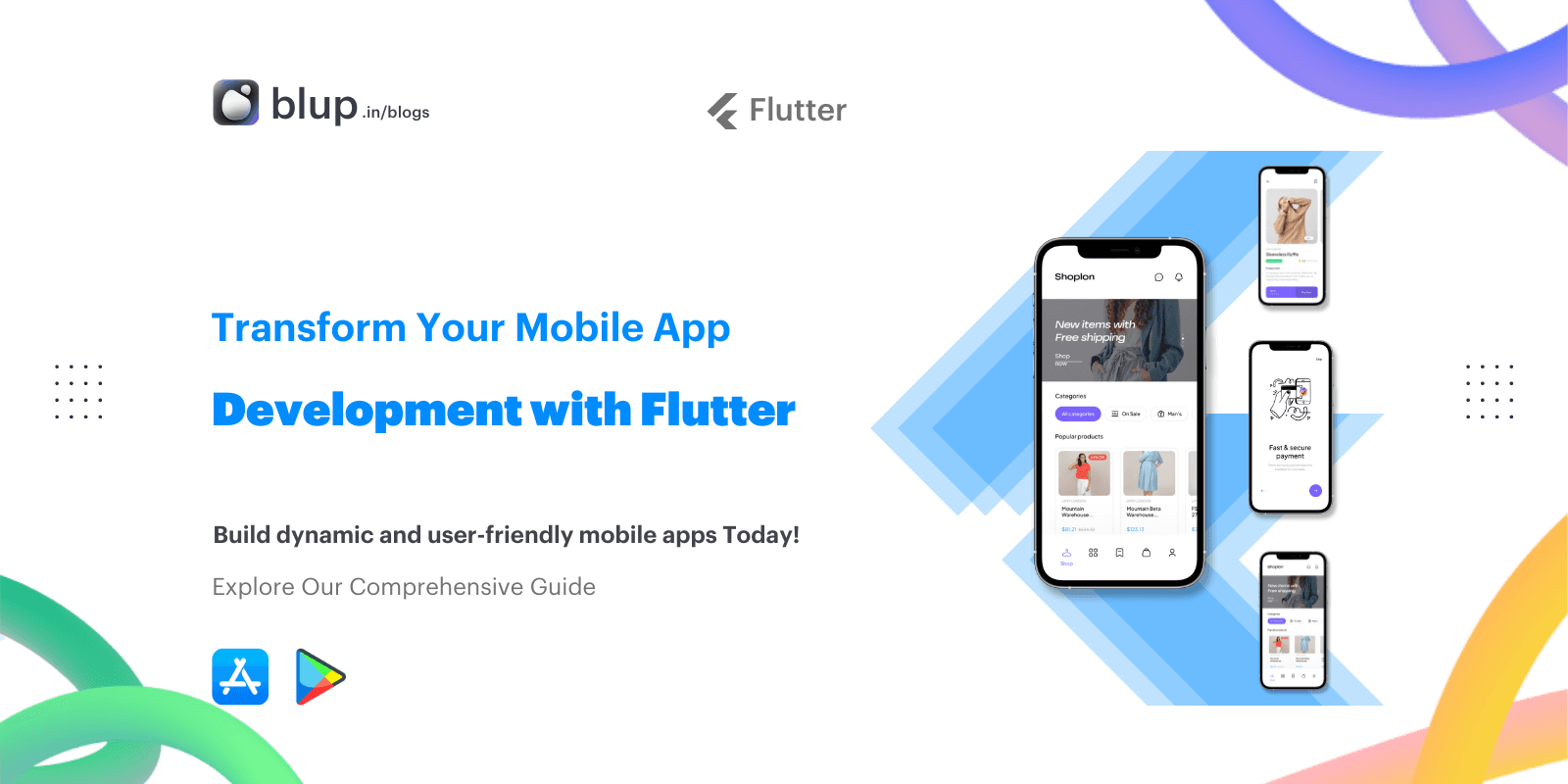 A dynamic background featuring iconic mobile app UI elements transitioning smoothly, representing Flutter’s cross-platform capabilities.