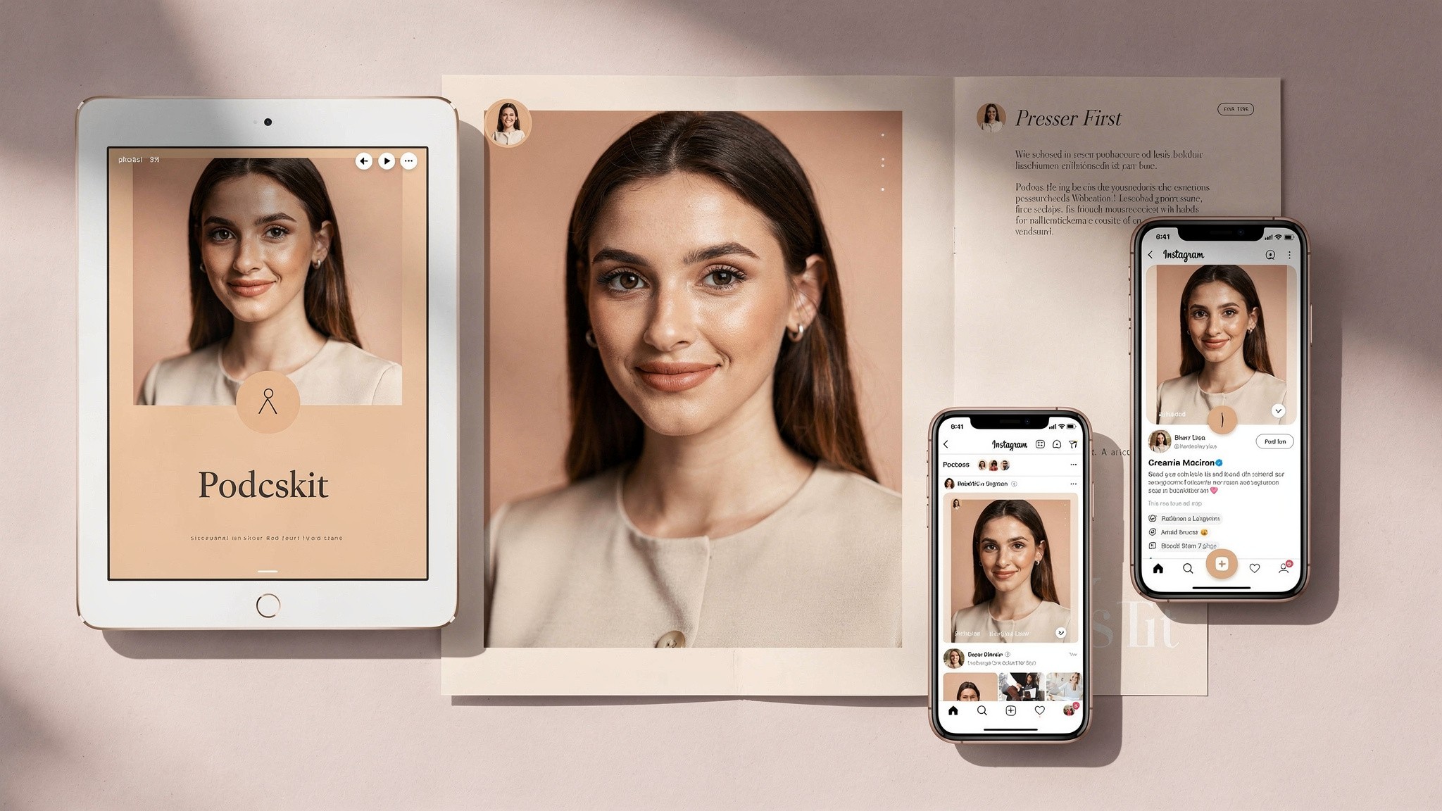 Editorial: mock layout of a creator press kit, podcast cover, LinkedIn page and Instagram profile all using the same face on a soft pink background