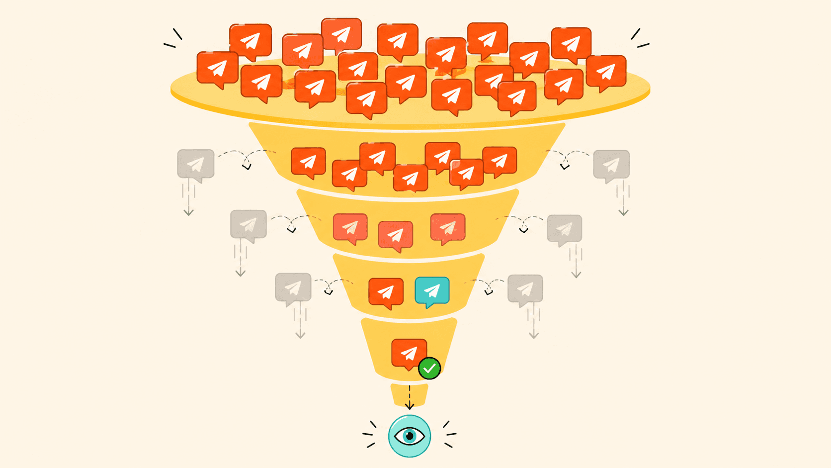 A playful editorial-style illustration on a warm cream background featuring a large glossy yellow percentage symbol standing confidently under a theatrical spotlight like a stage performer. A bold red-orange hand pulls back a dramatic curtain to reveal a chaotic pile of muted gray message bubble icons hidden behind it, symbolizing filtered or failed messages. The scene includes sparkles, confetti dots, spotlight beams, and dynamic motion accents in coral, green, and cyan, creating a lively reveal moment. The contrast between the polished “show” in front and the messy hidden reality behind the curtain gives the image a cheeky, energetic tone.