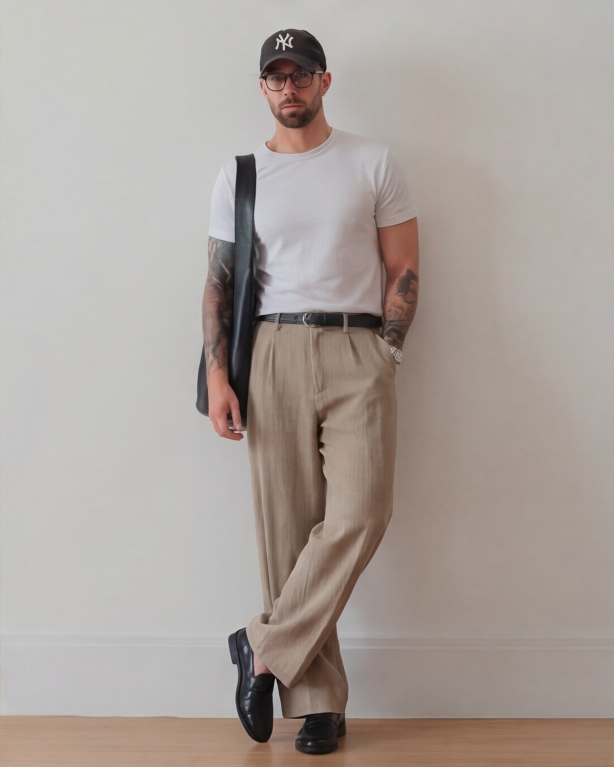 White Fitted Tee with Sand Tailored Trousers