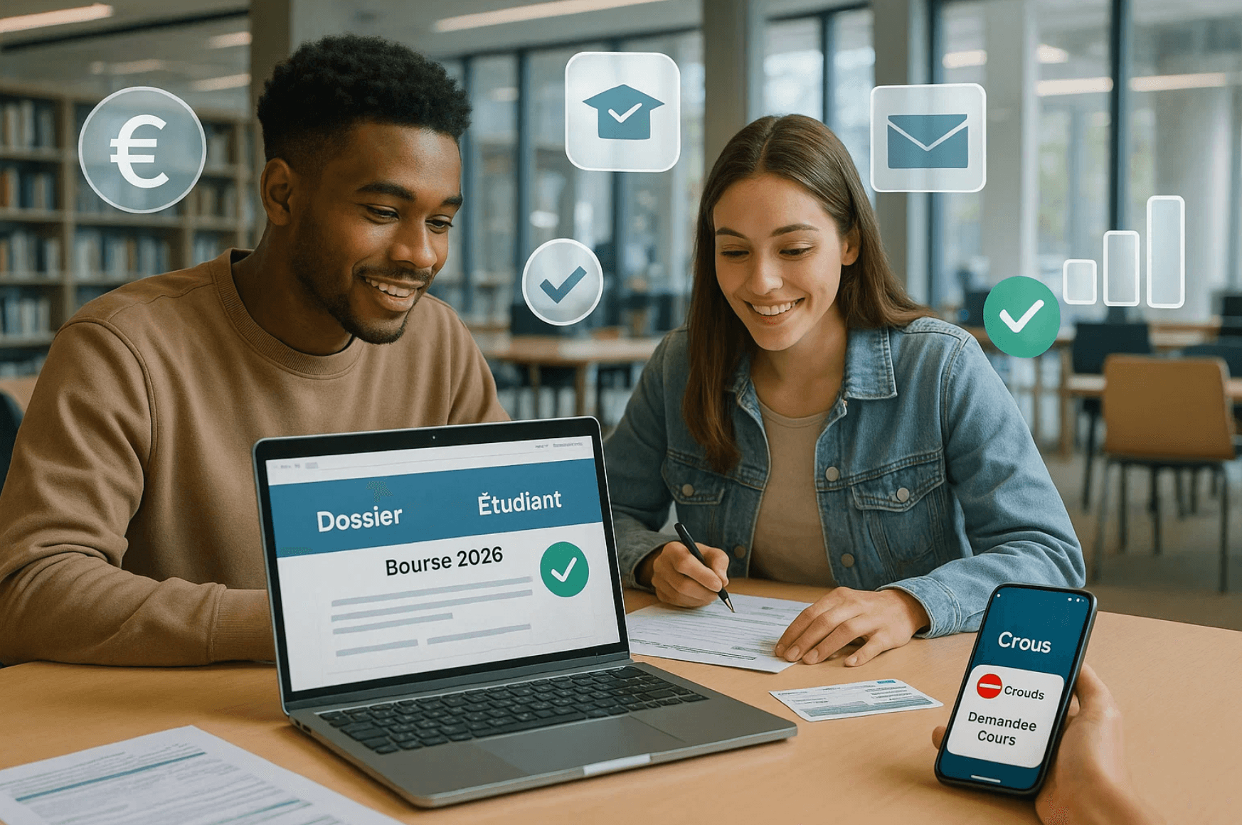 Deux étudiants remplissant leur dossier de bourse étudiante 2026 sur ordinateur dans une bibliothèque, avec documents administratifs, icônes du Crous et symboles financiers illustrant la demande du DSE.