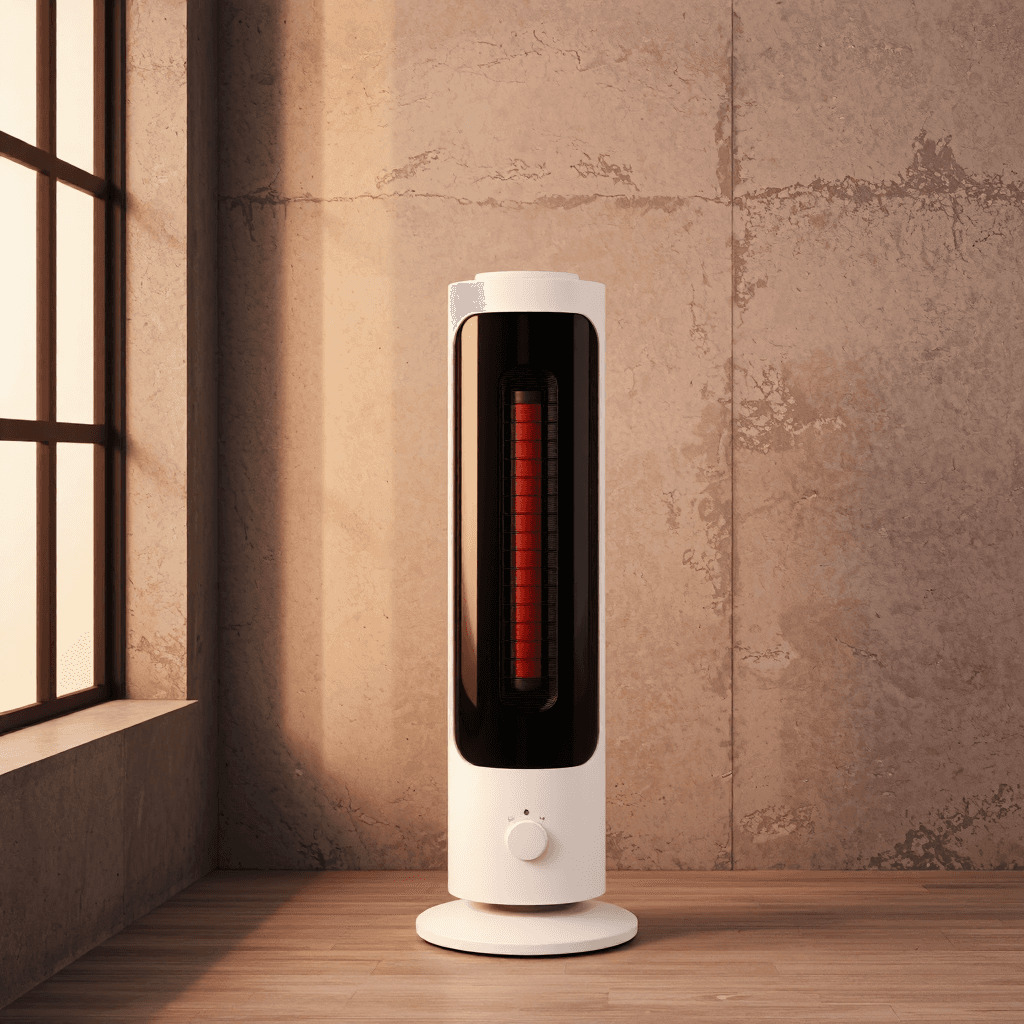 product photography of a portable electric heater with a cylindrical design