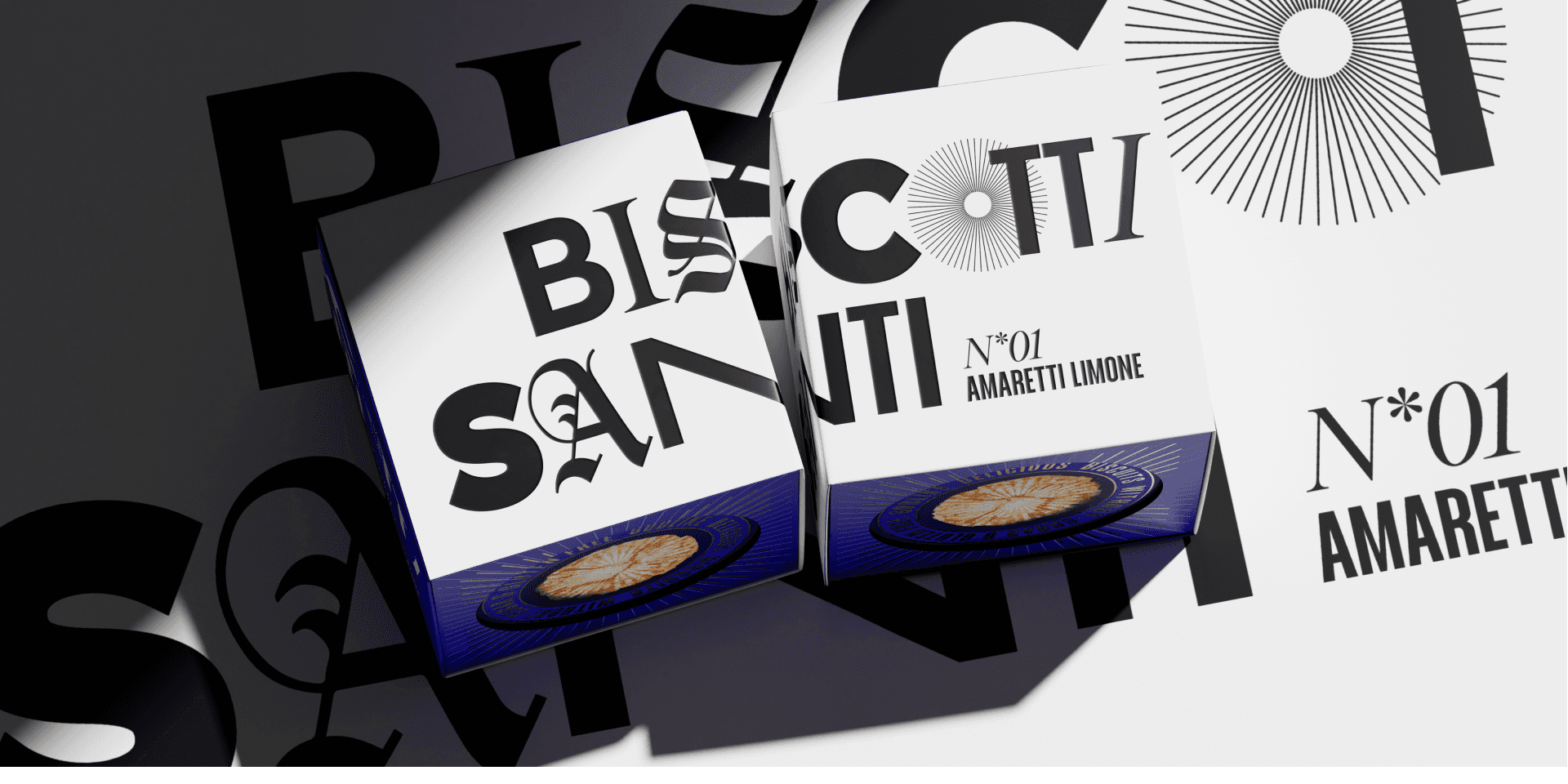 Markenwelt Biscotti Santi – Faltschachteln „N°01 Amaretti Limone" in Schwarz, Weiss und Blau mit überdimensionaler typografischer Wortmarke.