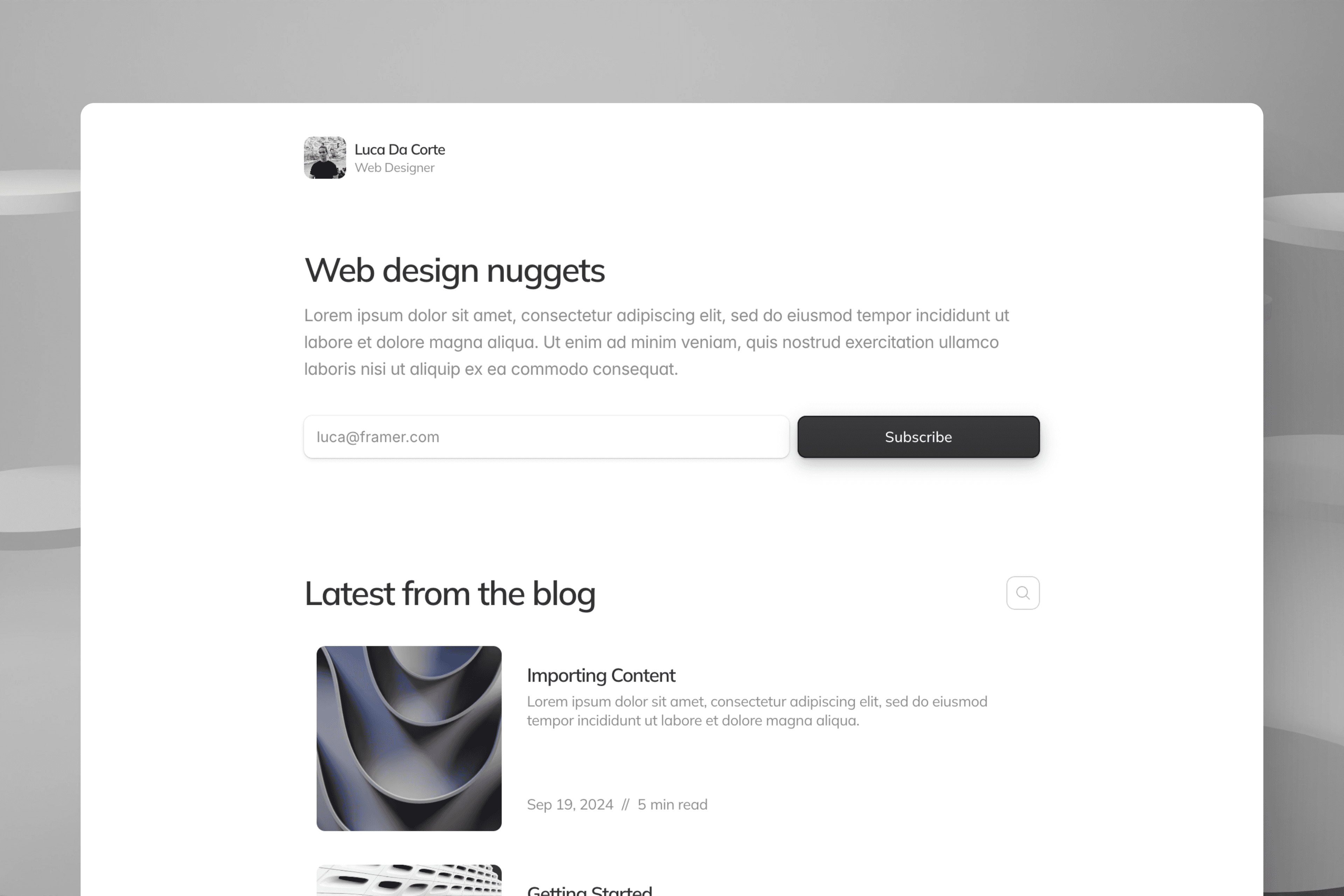 Homepage design for a free blog template in Framer (top part)