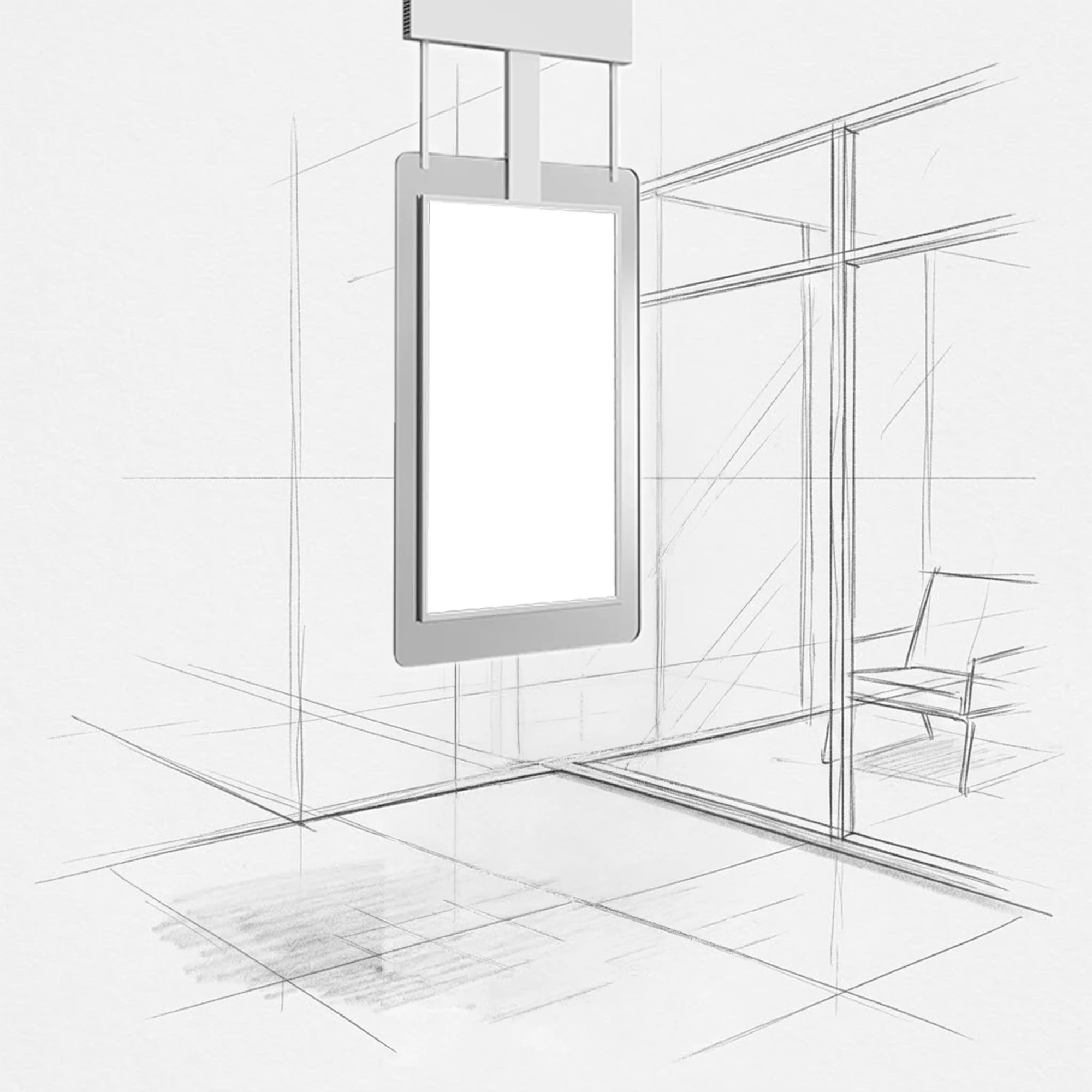 Von der Decke abgehängtes Digital-Signage-Display im Hochformat, indoor