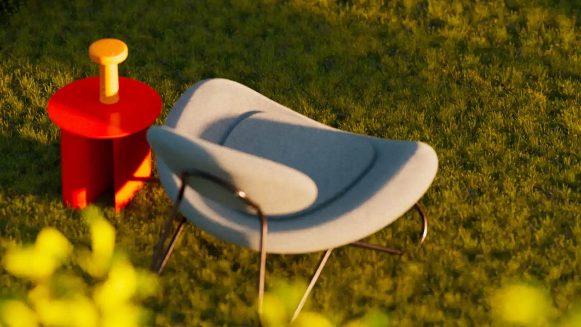 3D rendered minimalist white lounge chair with wire legs next to a red side table with yellow knob on a sunlit grass surface