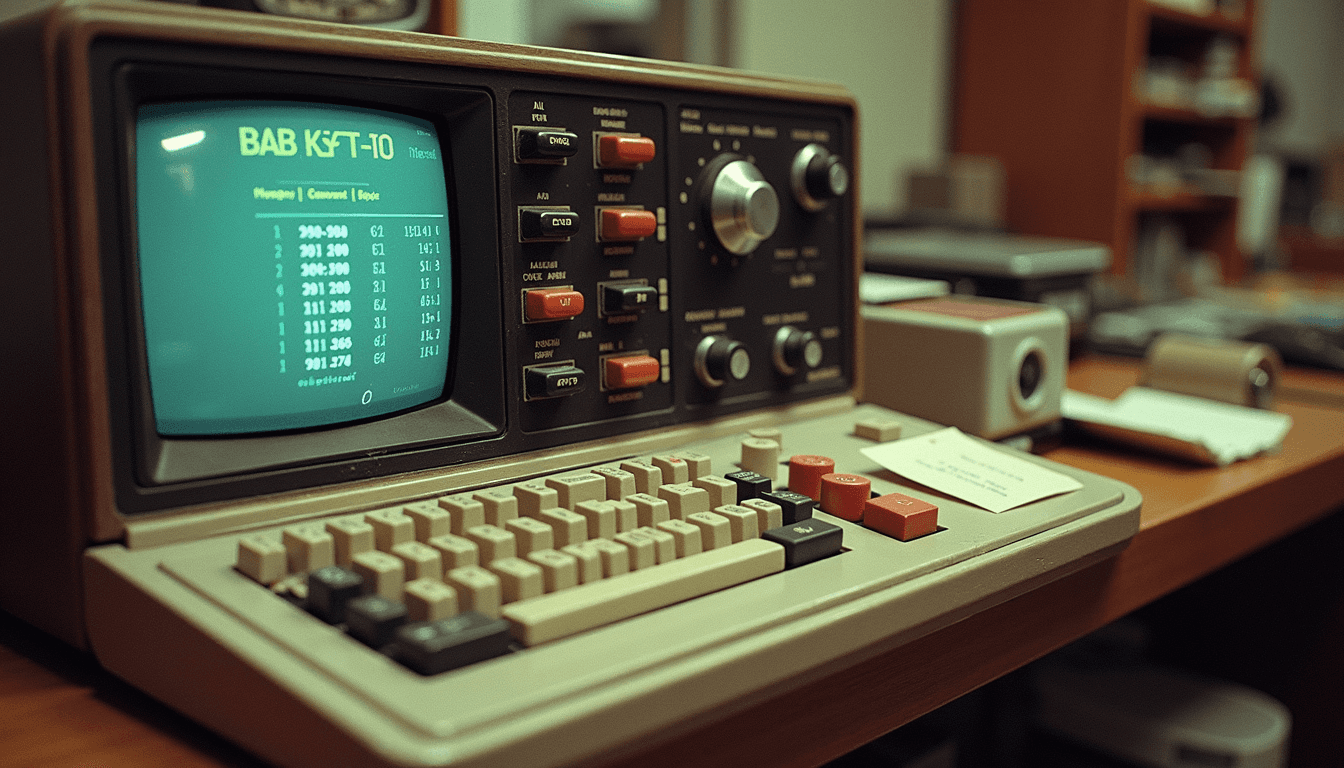 Retro 1960s computer with punch cards, showing early data transfer