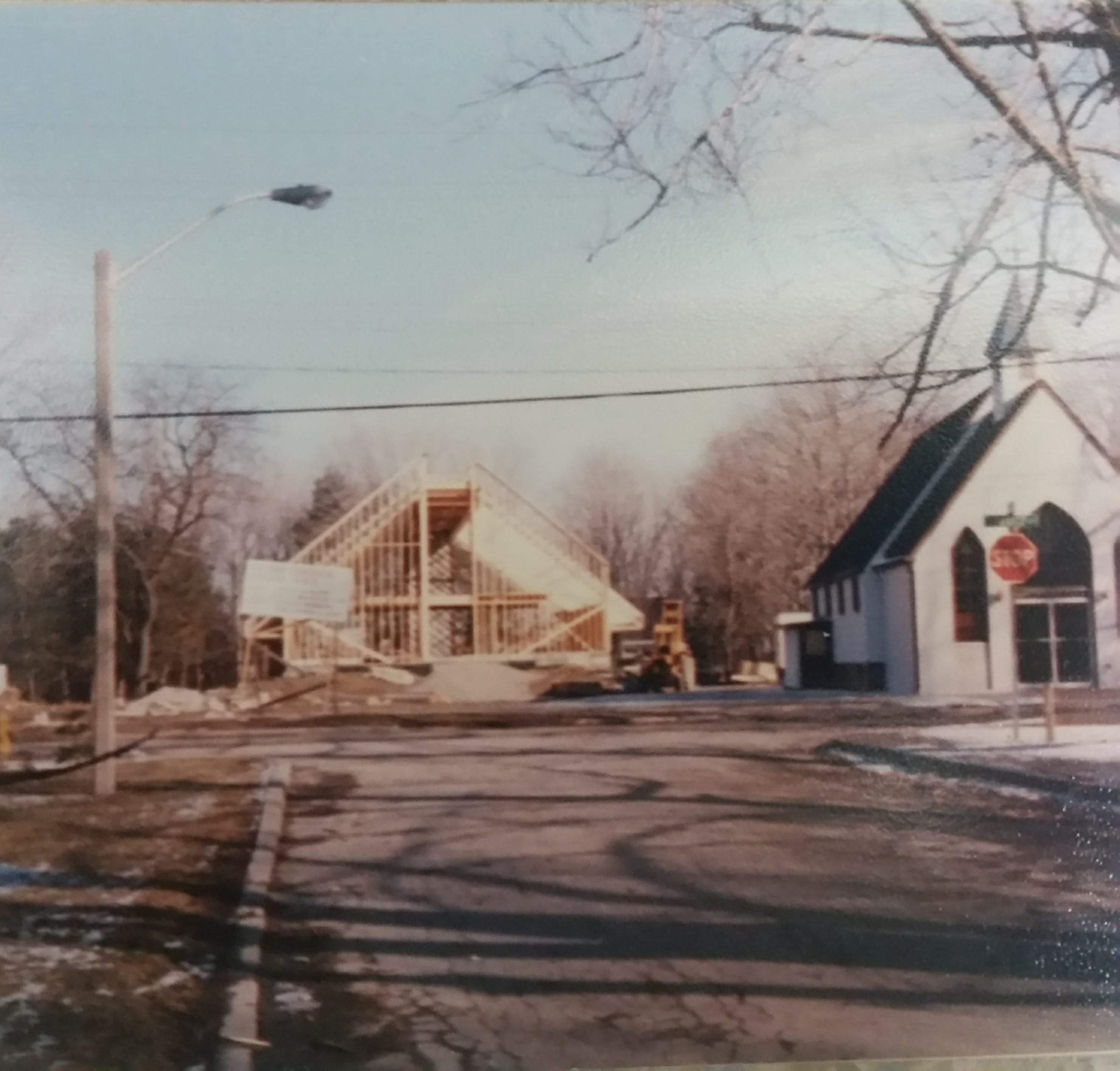 A black and white picture of a church