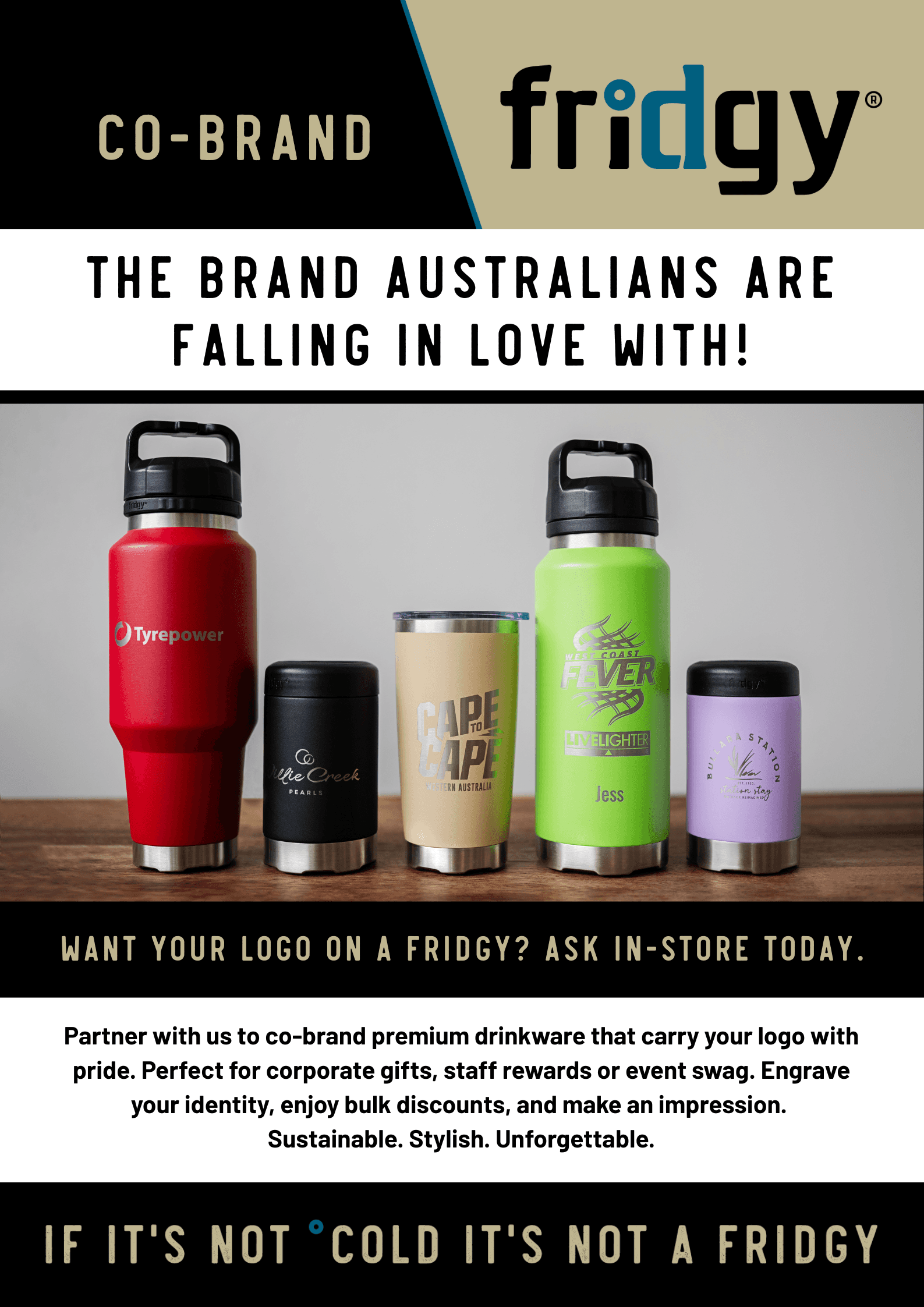 Fridgy stainless steel drinkware product range, brand identity and packaging design, Telling Designs Perth
