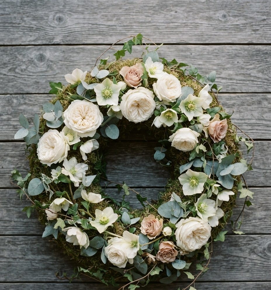 Tribute Wreath, a hand-tied bouquet of a moss-based wreath of white roses, hellebores, eucalyptus and ivy