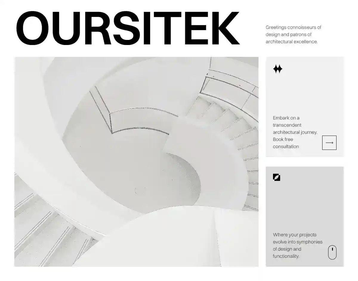 Site web d'architecture minimaliste affichant une grande photo en niveaux de gris d'un escalier en spirale.