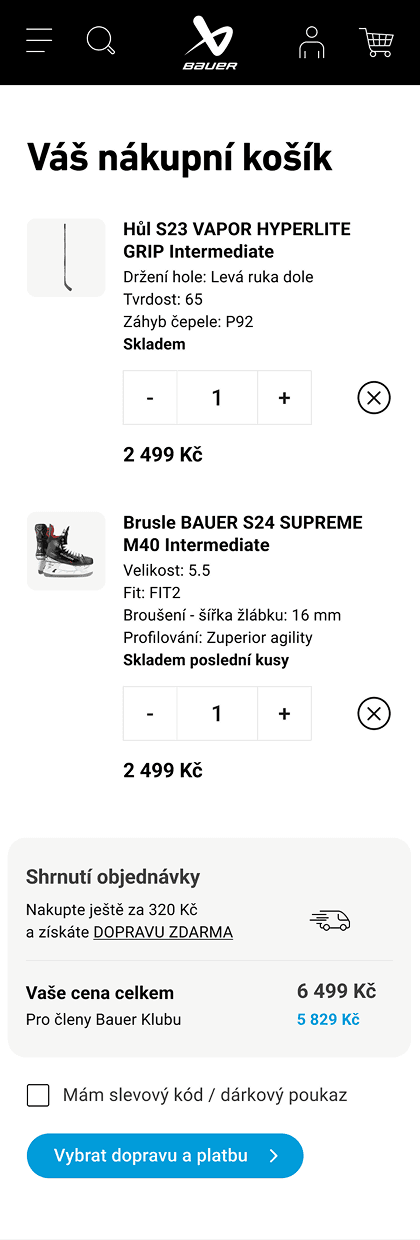 Screen of mobile Bauer e-shop