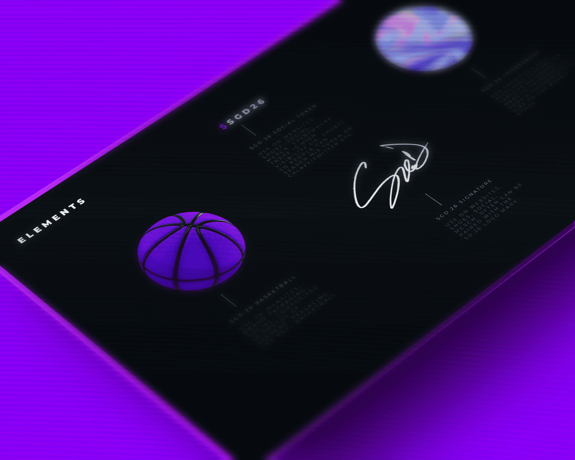 SD.26 brand elements showcase featuring purple basketball icon, $SGD26 social token, iridescent texture, and Spencer Dinwiddie signature on dark background