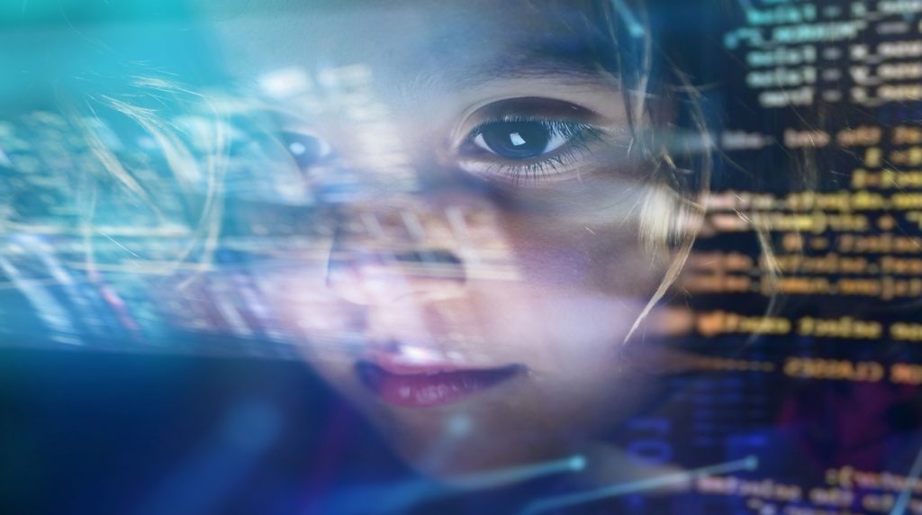 AI in education concept showing an AI-powered learning platform, student data analysis, and personalized digital learning experience.