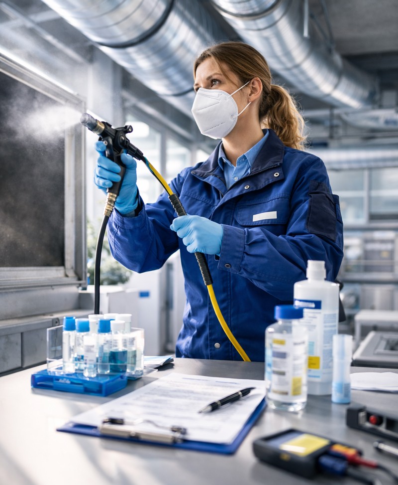 Eine Frau die eine hygienische Reinigung einer Zuluftanlage durchführt