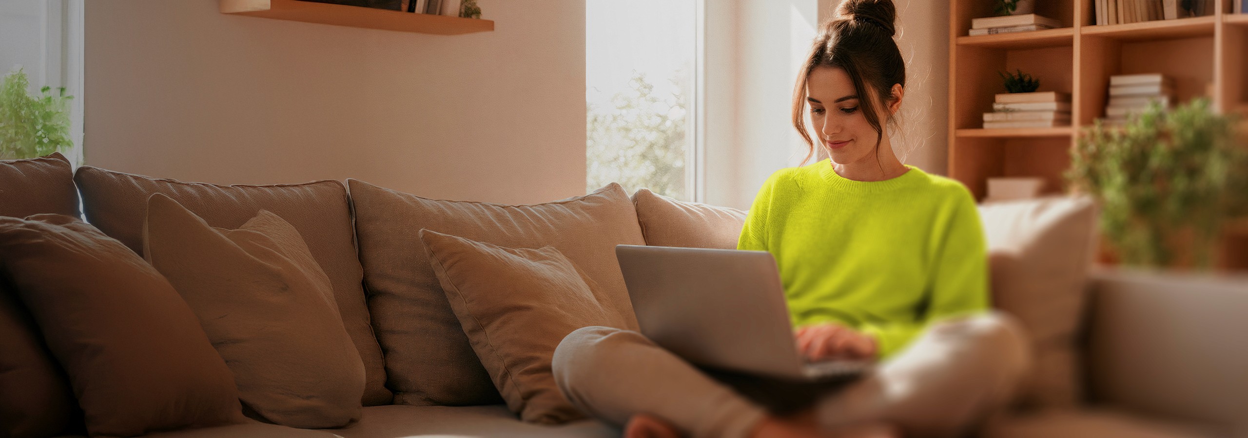Jovem usando laptop na sala de estar