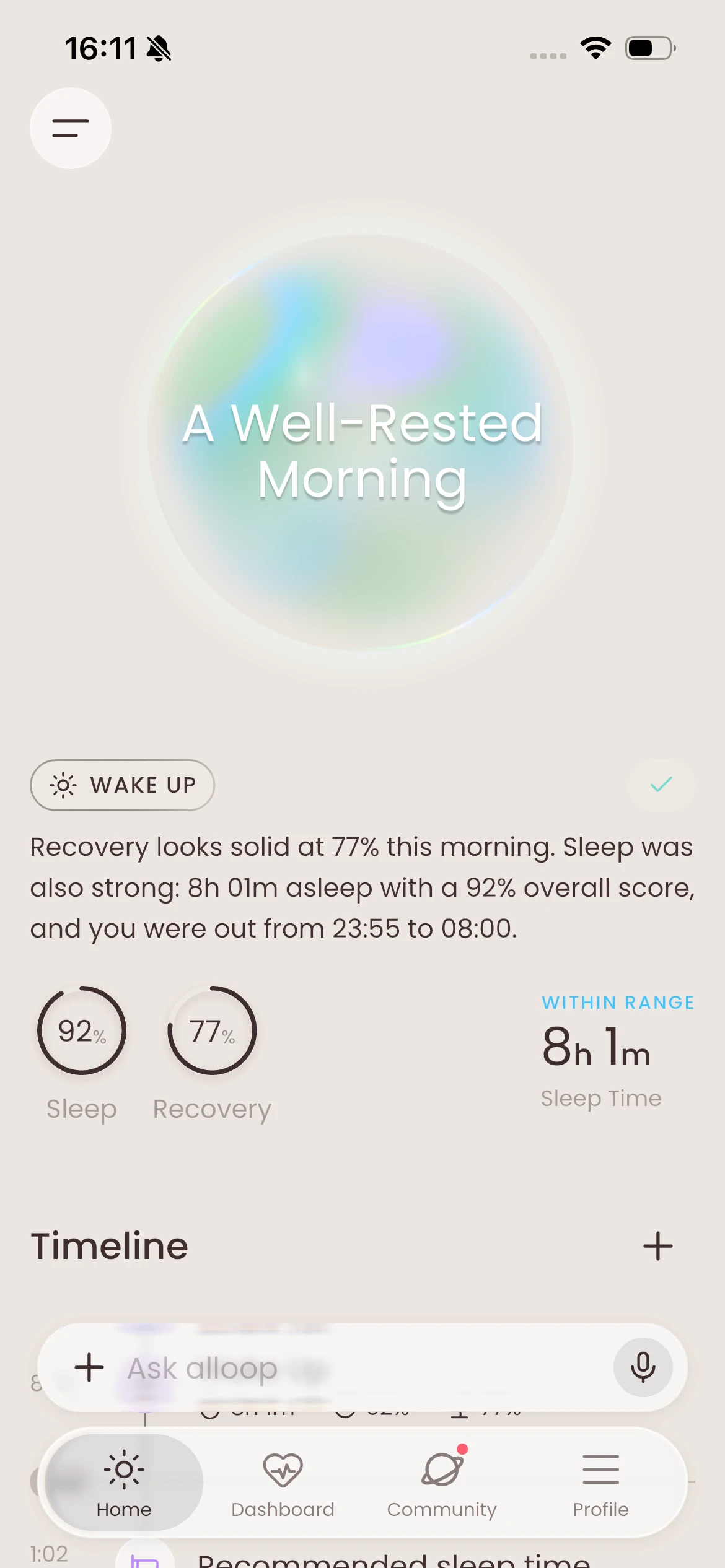 Alloop home: A Well-Rested Morning. Sleep 92%, recovery 77%, 8 hours 1 minute asleep.
