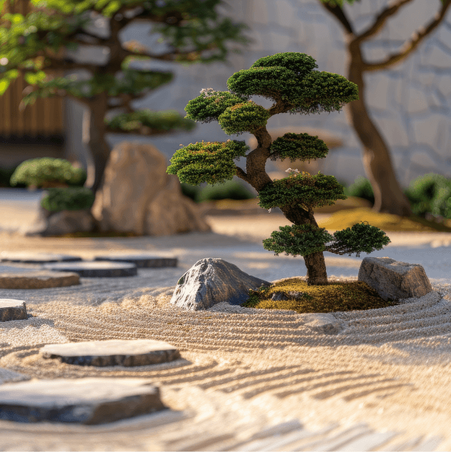 Zen garden with raked sand and stones, representing calm, mindful leadership and clarity.