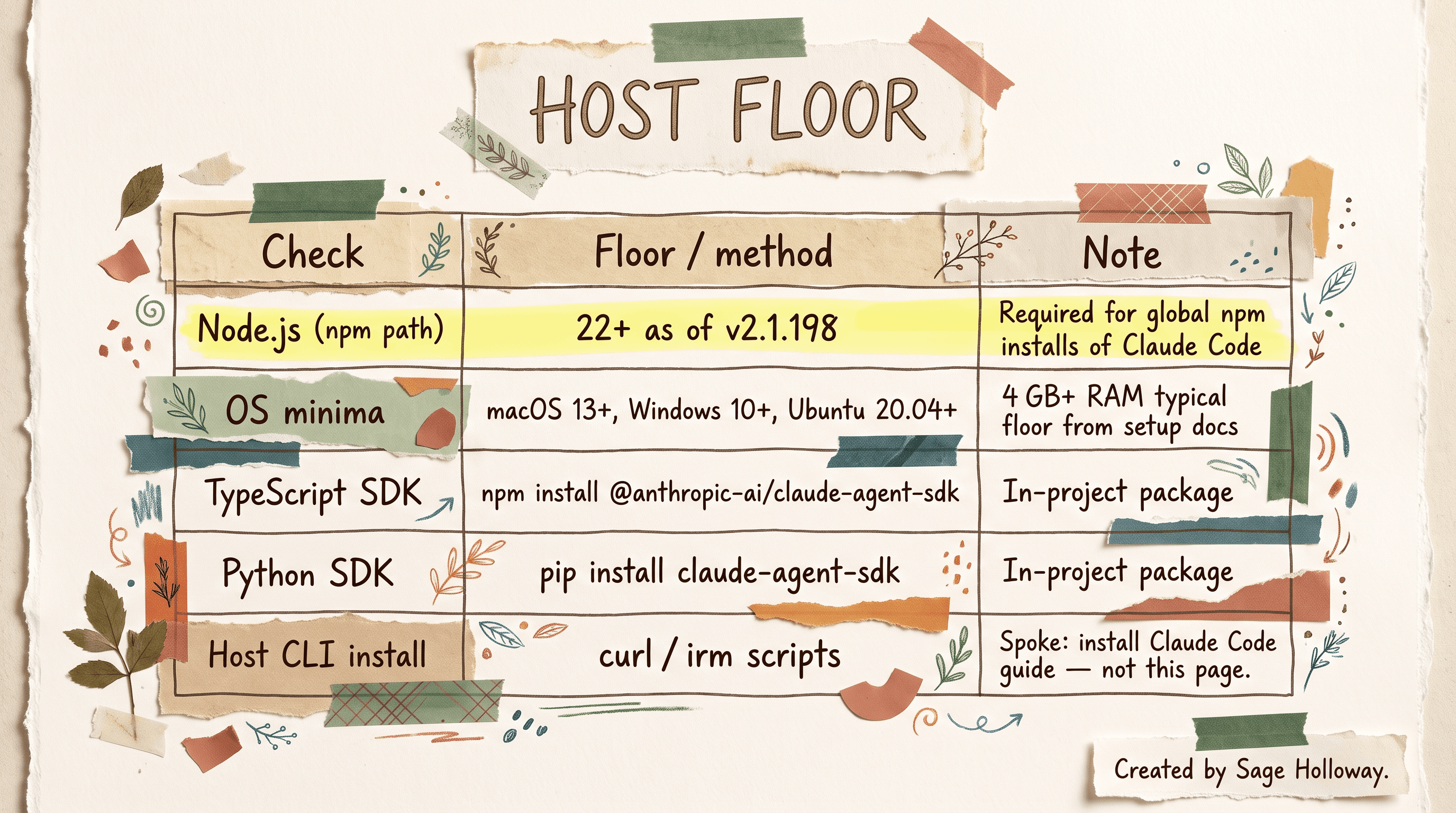 Table of Claude Code SDK Node.js and OS host requirements with TypeScript and Python install methods