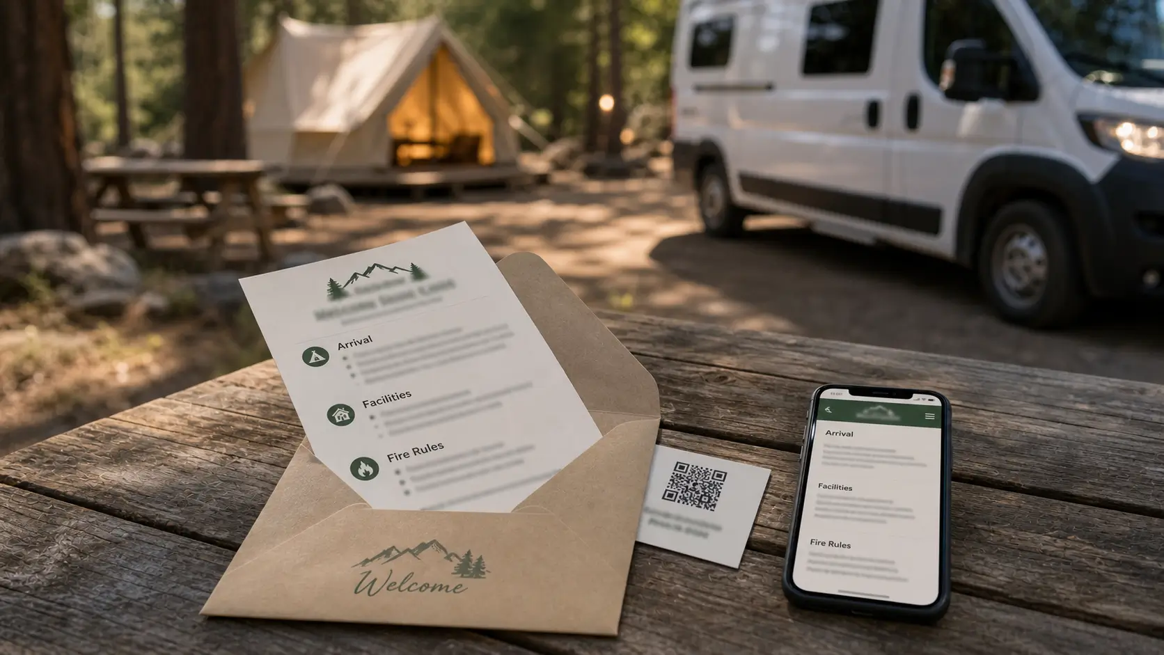 Printed one-page campsite guide and QR card in a welcome envelope beside a phone.