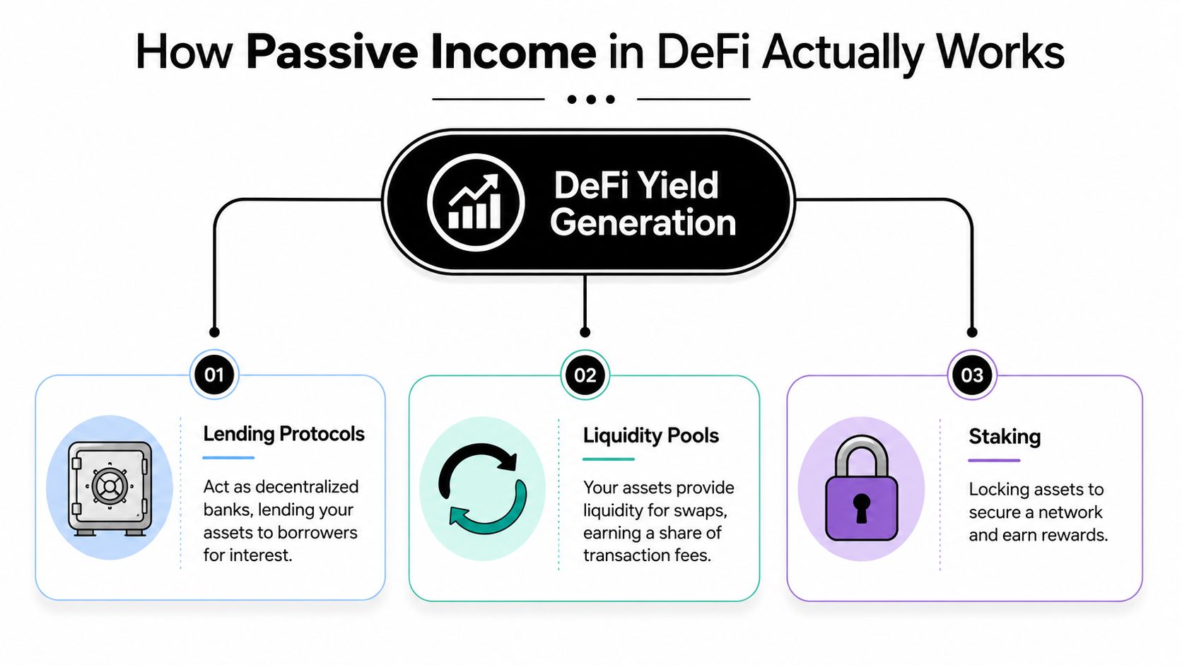 An infographic titled How Passive Income in DeFi Actually Works showing lending, liquidity pools, and staking.