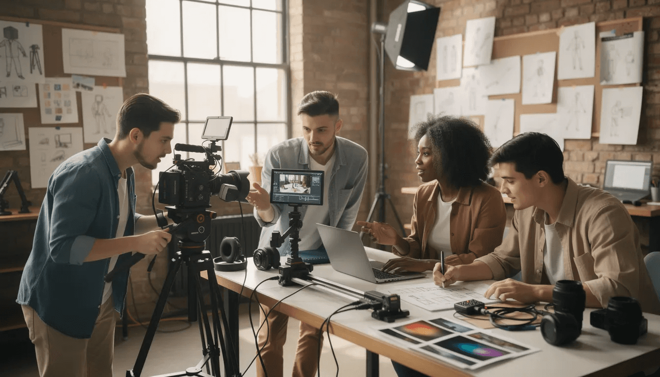 Un espace de travail créatif où une équipe de vidéastes professionnels collabore autour de matériel vidéo, échangeant des idées pour leurs projets audiovisuels. On peut voir des équipements de prise de vue et des membres engagés dans la création de contenu de qualité.