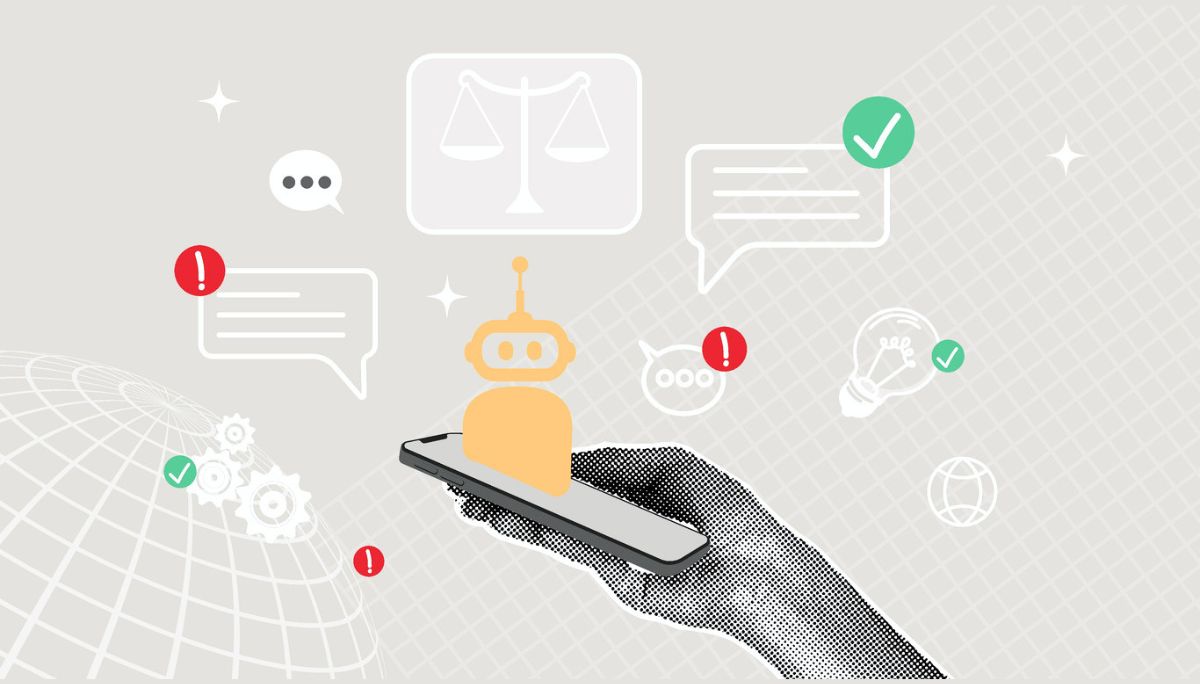 Hand holding smartphone with robot emerging, surrounded by icons, symbolizing AI career coaches and whether they can replace the real thing.