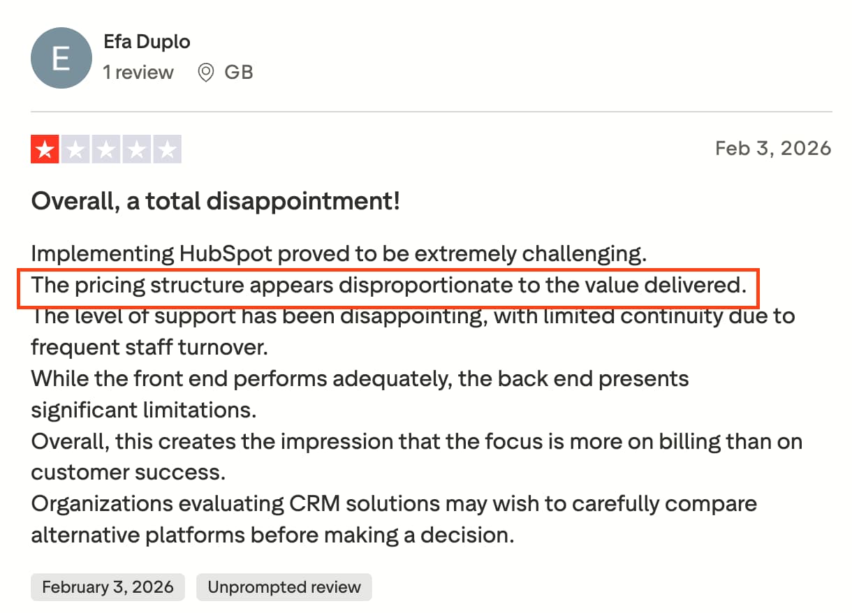 Trustpilot review mentioning HubSpot Meeting Scheduler pricing is expensive