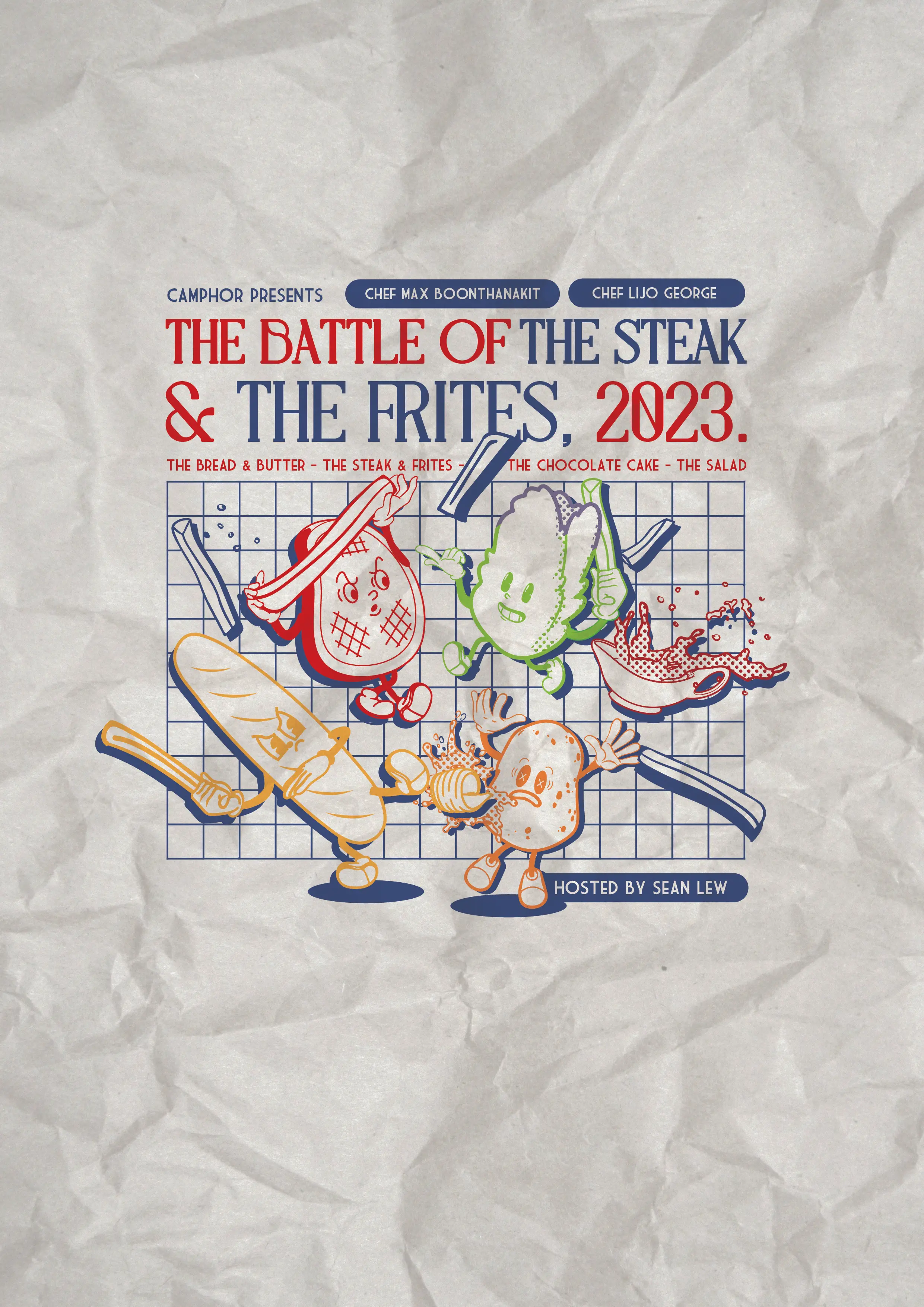 Poster design titled "The battle of the steak and the frites" depicting ingredients of the dish in a battle and throwing food at each other