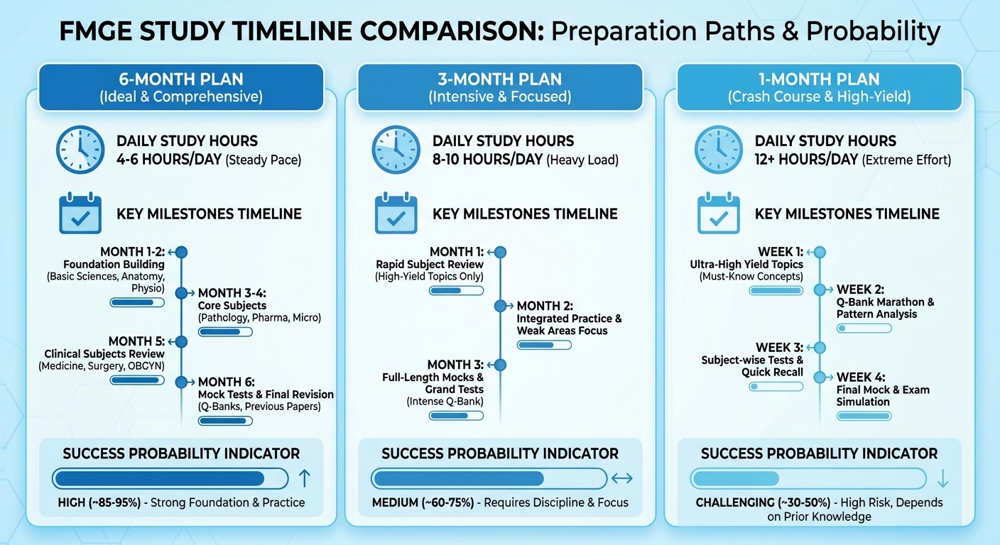 FMGE Study Timeline Comparison: 6-Month vs 3-Month vs 1-Month Preparation Plans