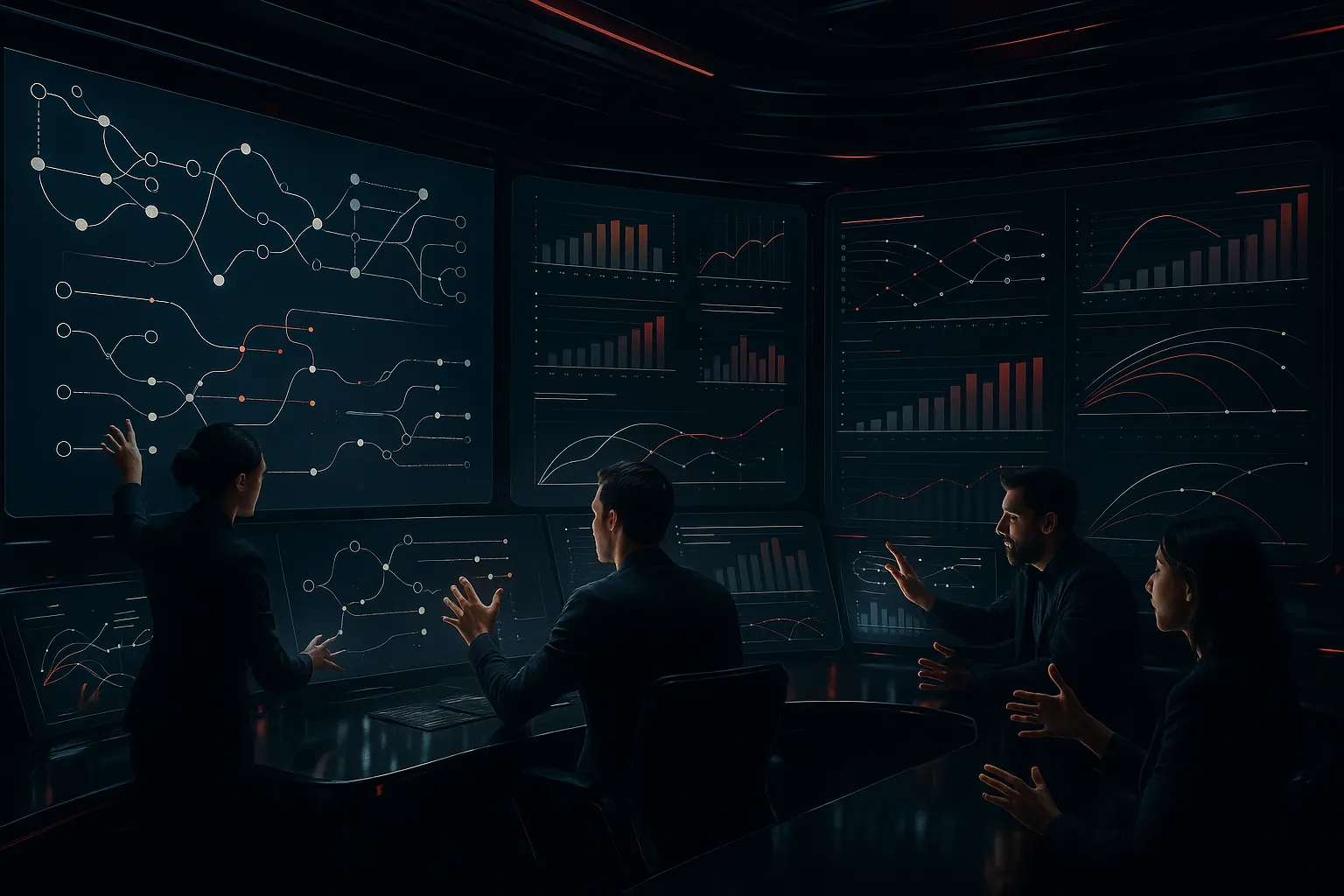 Team analyzing data on large screens at RockN' Socials Digital Marketing Agency.