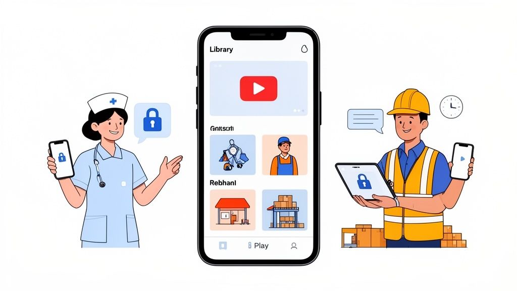 Nurse and construction worker access secure video training on mobile devices via an app.
