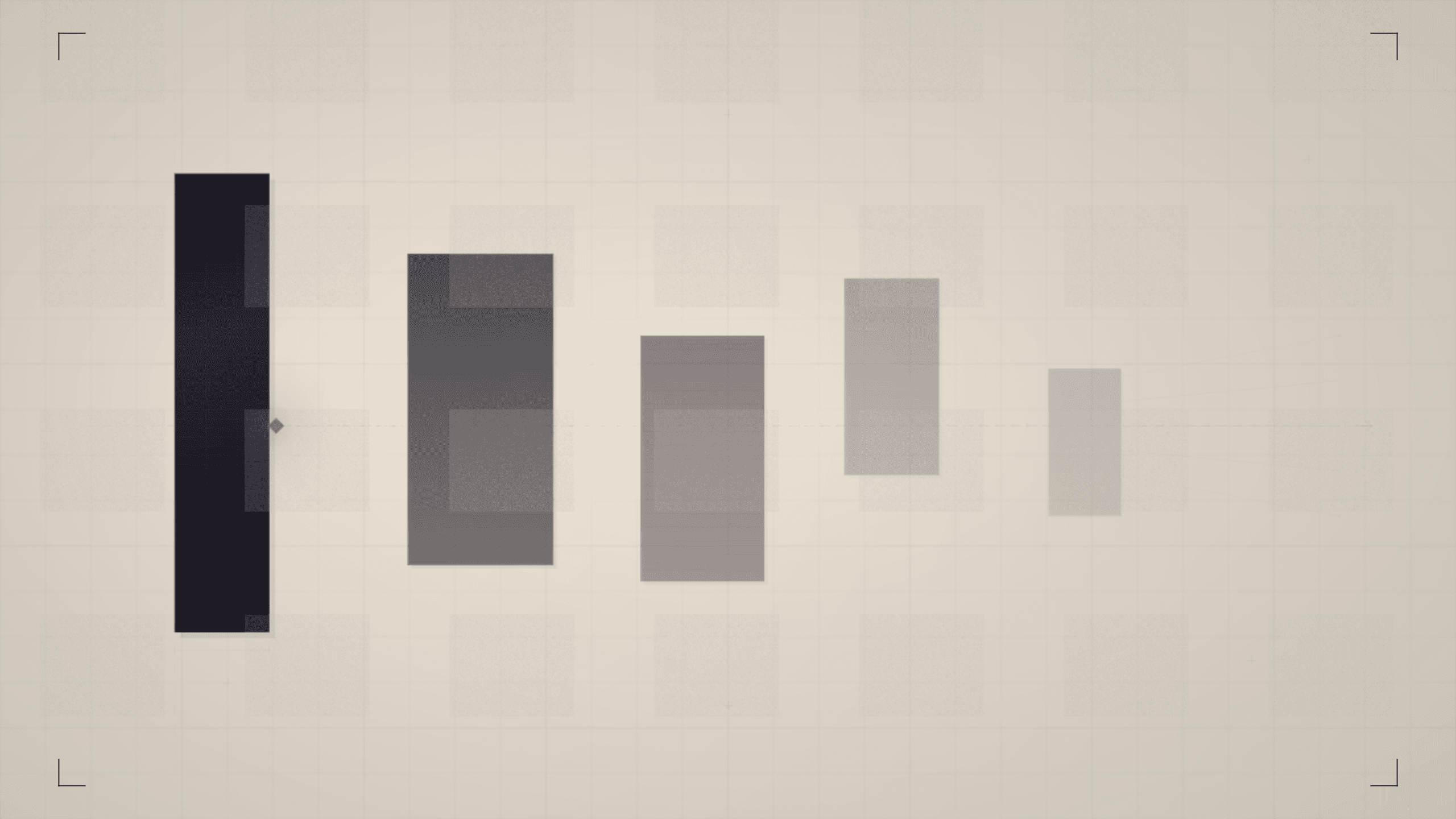 Abstract architectural diagram on warm parchment showing a dense vertical ink monolith on the left fracturing into four progressively lighter geometric shards extending rightward along a faint timeline axis, with a vermillion pulse mark at the origin point, evoking a single event producing expanding waves of deliverable content over time.