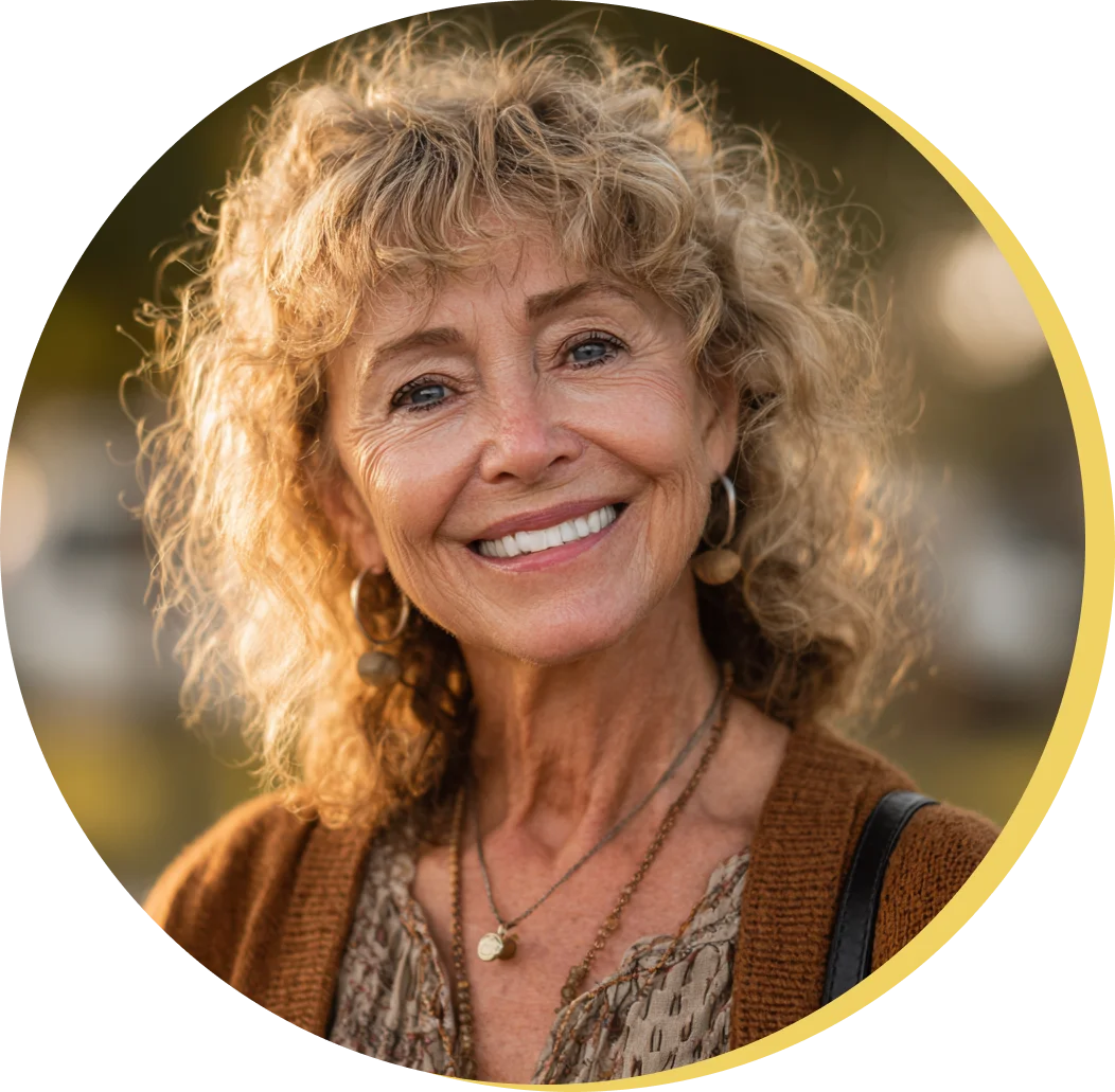 Person smiling and holding a bottle of vitamins in a car.