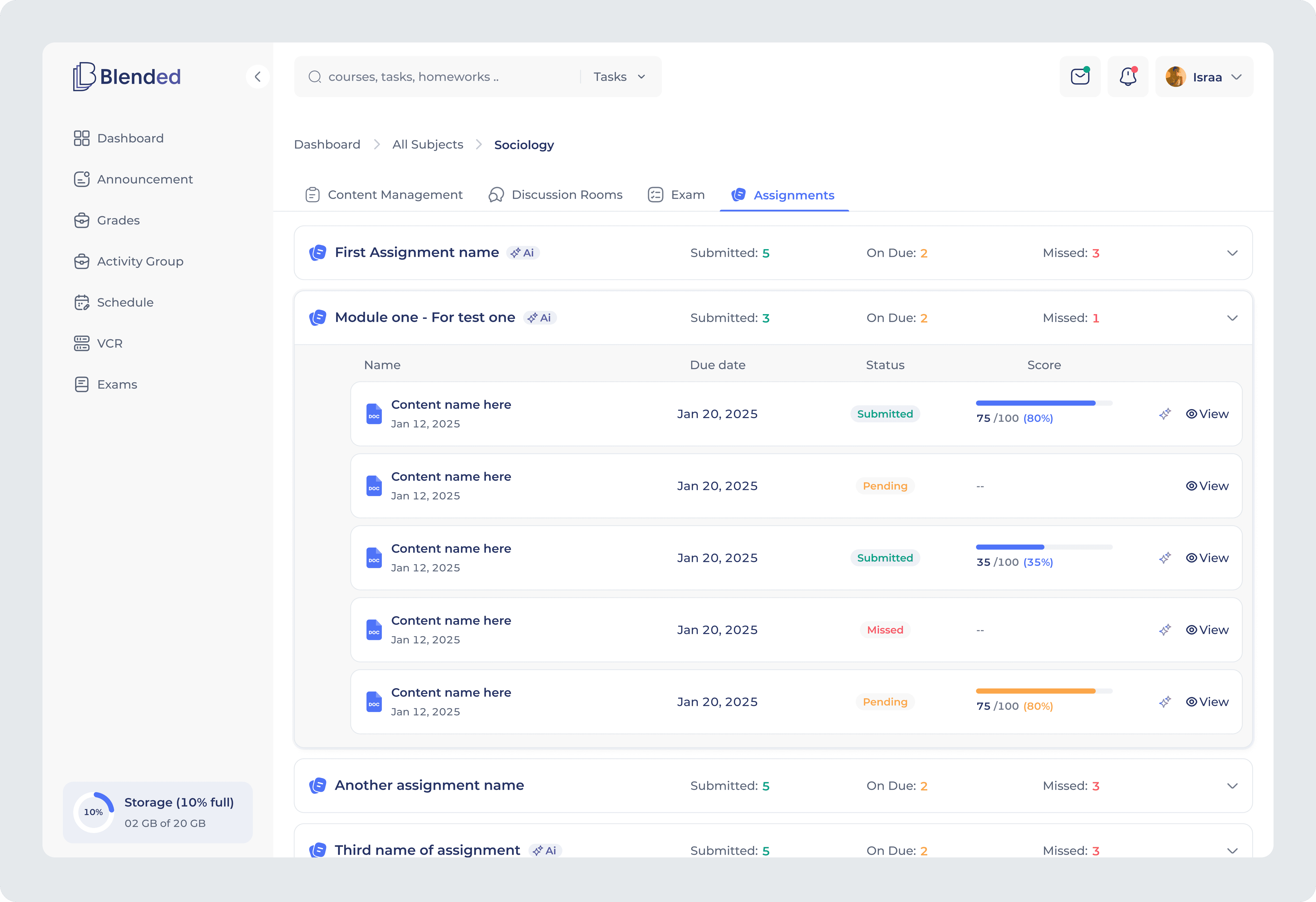 Student assignments dashboard displaying submission status, due dates, scores, AI assistance indicators, and categorized task tracking.