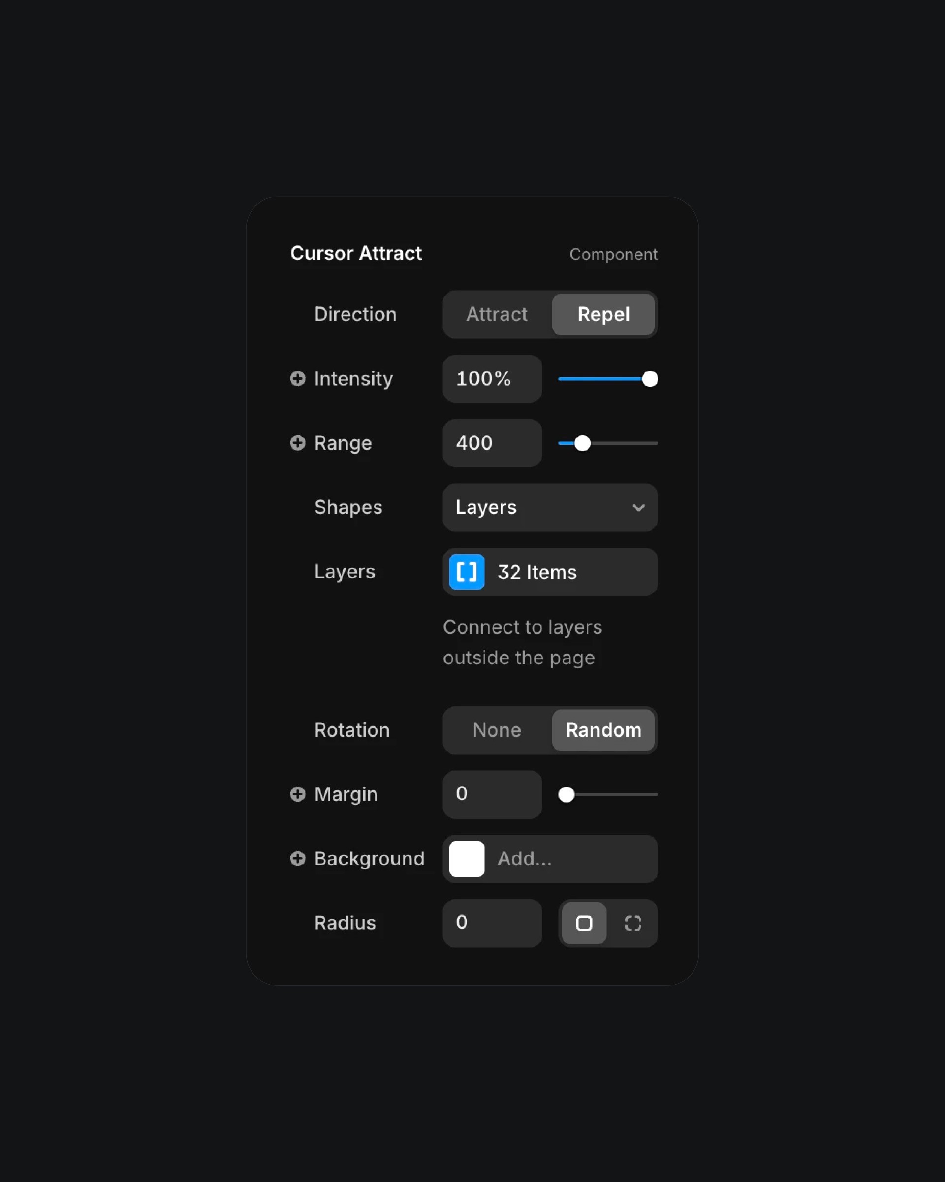 Cursor attraction settings panel with intensity, range, and layer controls