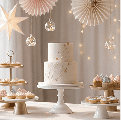 A 3D character viewed from behind with pastel pink hair styled in two buns, wearing a blue knitted sweater and hoop earrings on a light gray background.