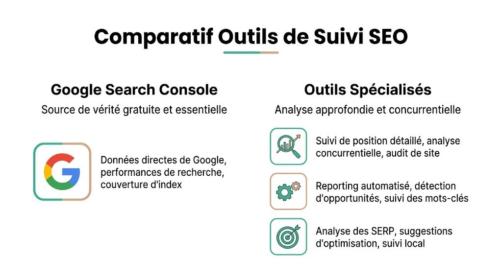 Comparatif illustré des outils de suivi SEO entre Google Search Console et des outils spécialisés professionnels.