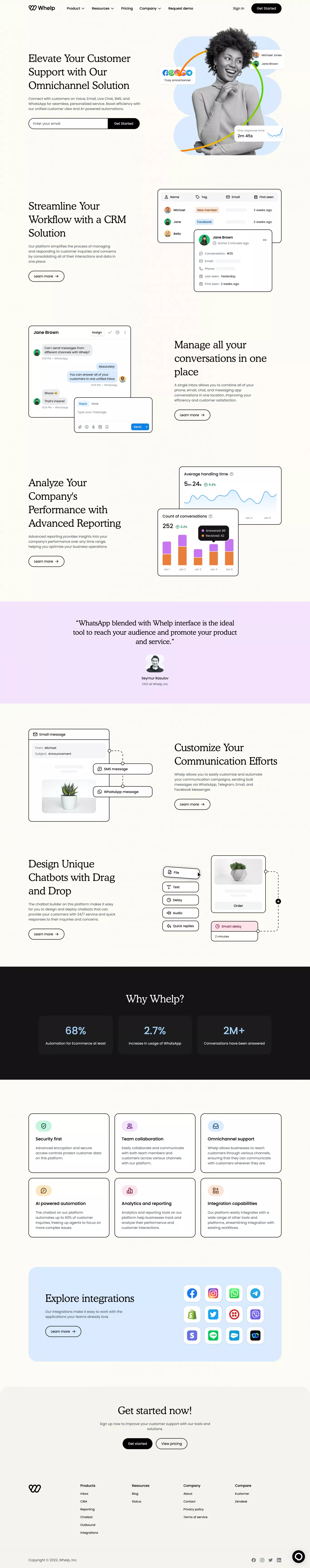 Whelp - Customer Support Platform landing page screenshot showcasing Tech design