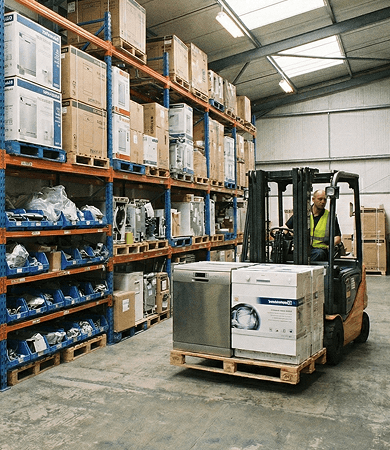 Worker moving dishwashers in a ishwasher wharehouse